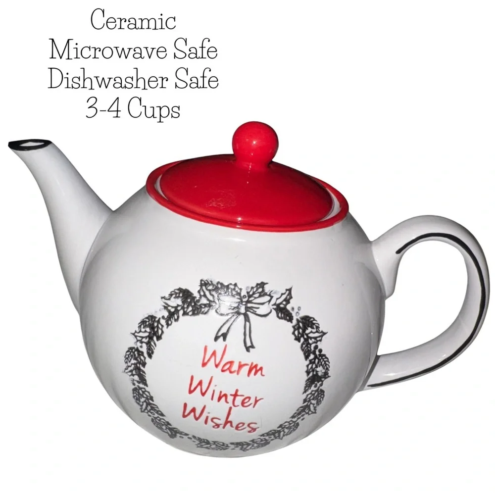 Festive‎ Winter Teapot - Warm Wishes Red Lid - New, No Defects!